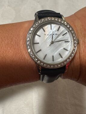 Tahari Silver Crystal-Trim Mother-of-Pearl Dial Watch with Black Strap